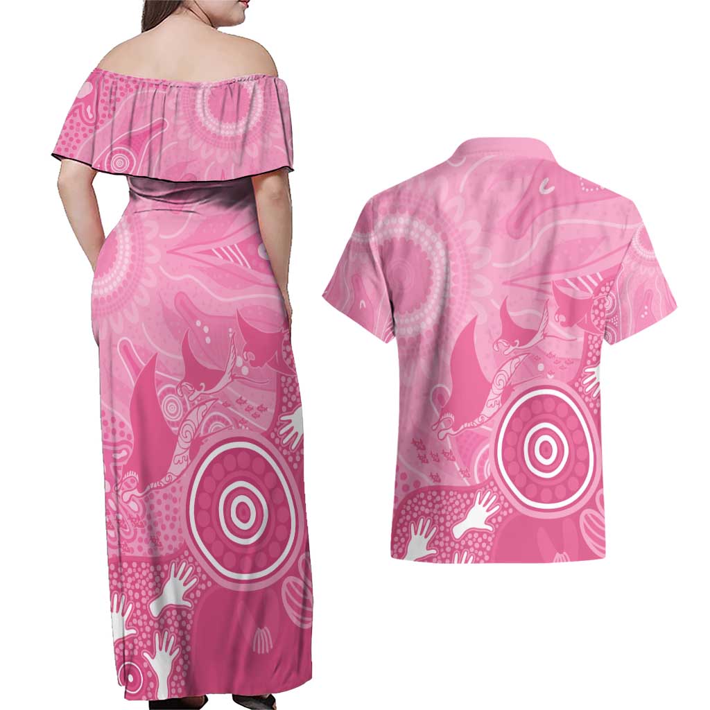 Australia Breast Cancer Awareness Couples Matching Off Shoulder Maxi Dress and Hawaiian Shirt Pink Ribbon Manta Ray Aboriginal Art - Aussie Hoodie