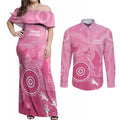 Australia Breast Cancer Awareness Couples Matching Off Shoulder Maxi Dress and Long Sleeve Button Shirt Pink Ribbon Manta Ray Aboriginal Art - Aussie Hoodie