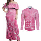 Australia Breast Cancer Awareness Couples Matching Off Shoulder Maxi Dress and Long Sleeve Button Shirt Pink Ribbon Manta Ray Aboriginal Art - Aussie Hoodie