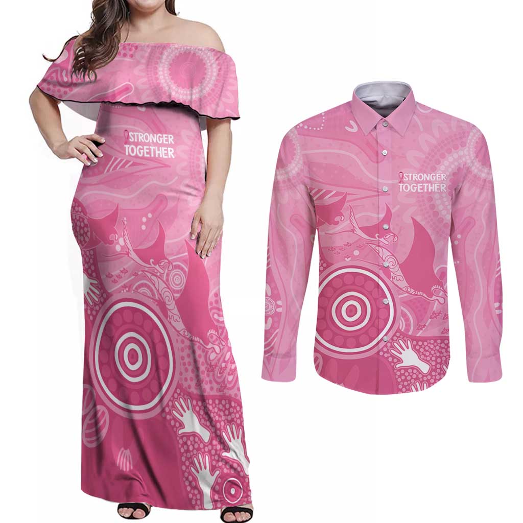 Australia Breast Cancer Awareness Couples Matching Off Shoulder Maxi Dress and Long Sleeve Button Shirt Pink Ribbon Manta Ray Aboriginal Art - Aussie Hoodie