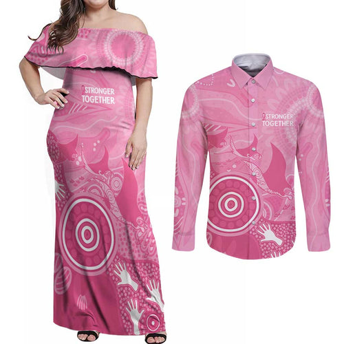 Australia Breast Cancer Awareness Couples Matching Off Shoulder Maxi Dress and Long Sleeve Button Shirt Pink Ribbon Manta Ray Aboriginal Art - Aussie Hoodie