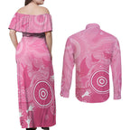 Australia Breast Cancer Awareness Couples Matching Off Shoulder Maxi Dress and Long Sleeve Button Shirt Pink Ribbon Manta Ray Aboriginal Art - Aussie Hoodie