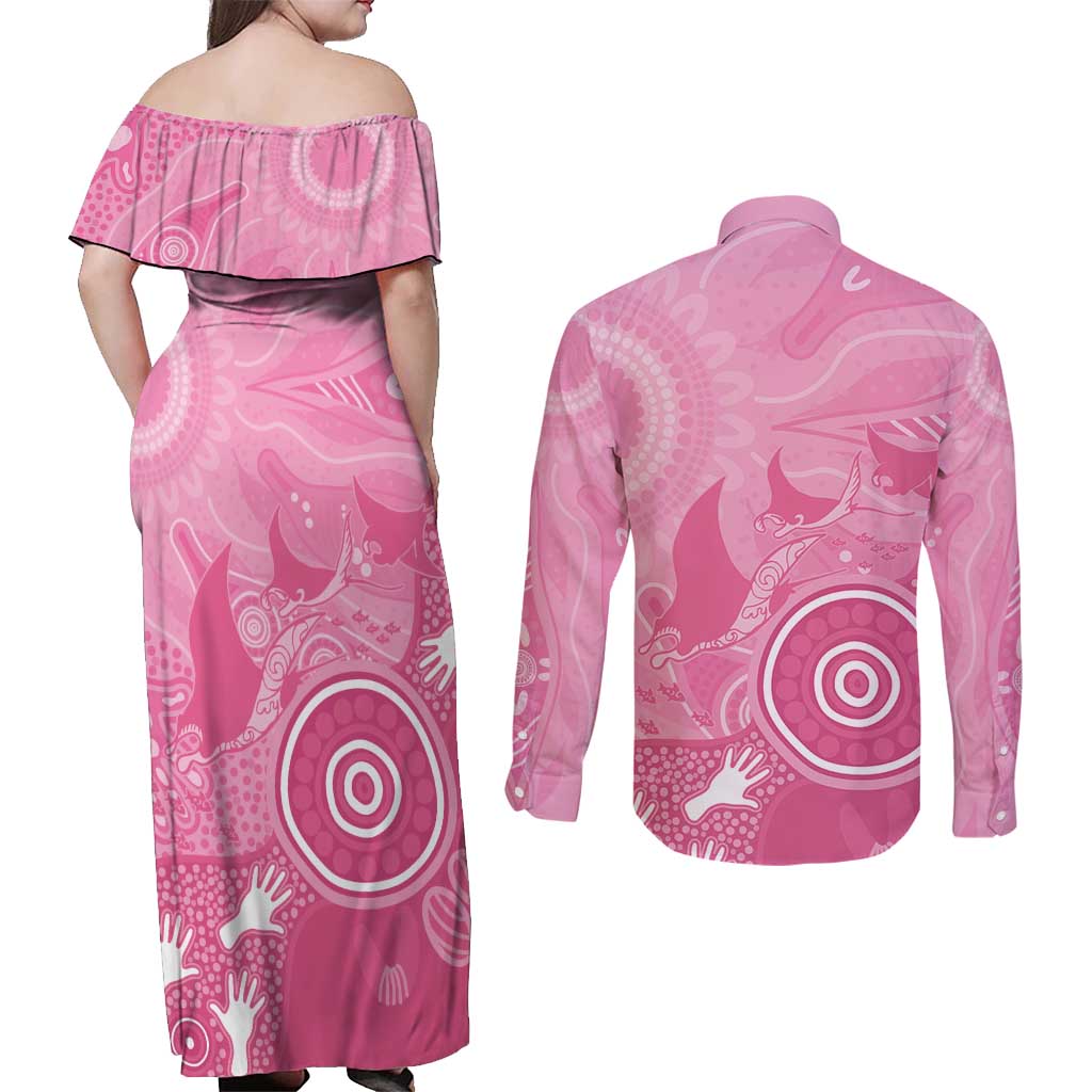 Australia Breast Cancer Awareness Couples Matching Off Shoulder Maxi Dress and Long Sleeve Button Shirt Pink Ribbon Manta Ray Aboriginal Art - Aussie Hoodie