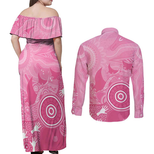 Australia Breast Cancer Awareness Couples Matching Off Shoulder Maxi Dress and Long Sleeve Button Shirt Pink Ribbon Manta Ray Aboriginal Art - Aussie Hoodie