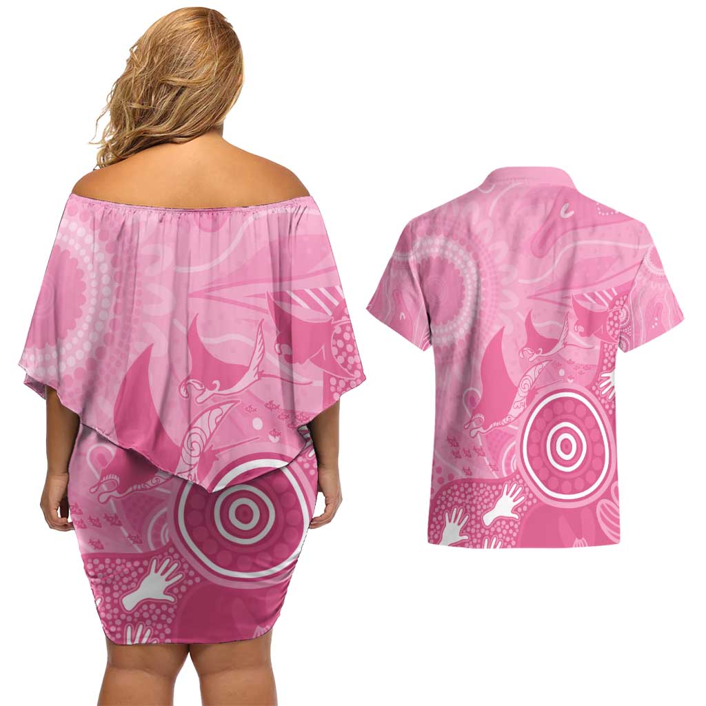 Australia Breast Cancer Awareness Couples Matching Off Shoulder Short Dress and Hawaiian Shirt Pink Ribbon Manta Ray Aboriginal Art - Aussie Hoodie