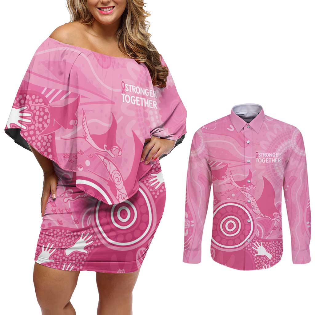 Australia Breast Cancer Awareness Couples Matching Off Shoulder Short Dress and Long Sleeve Button Shirt Pink Ribbon Manta Ray Aboriginal Art - Aussie Hoodie
