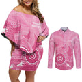 Australia Breast Cancer Awareness Couples Matching Off Shoulder Short Dress and Long Sleeve Button Shirt Pink Ribbon Manta Ray Aboriginal Art - Aussie Hoodie