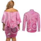 Australia Breast Cancer Awareness Couples Matching Off Shoulder Short Dress and Long Sleeve Button Shirt Pink Ribbon Manta Ray Aboriginal Art - Aussie Hoodie