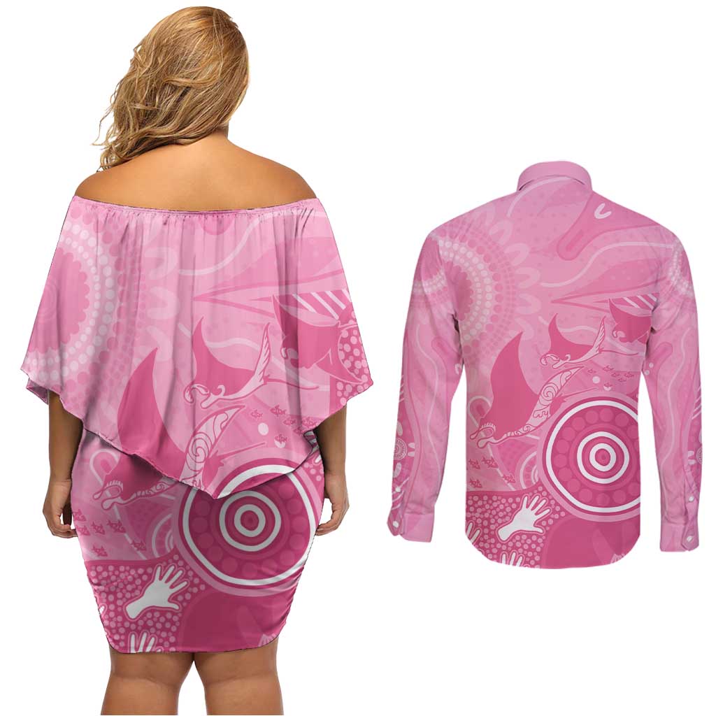 Australia Breast Cancer Awareness Couples Matching Off Shoulder Short Dress and Long Sleeve Button Shirt Pink Ribbon Manta Ray Aboriginal Art - Aussie Hoodie