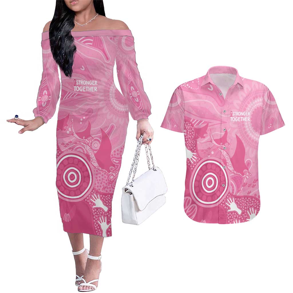 Australia Breast Cancer Awareness Couples Matching Off The Shoulder Long Sleeve Dress and Hawaiian Shirt Pink Ribbon Manta Ray Aboriginal Art - Aussie Hoodie