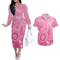 Australia Breast Cancer Awareness Couples Matching Off The Shoulder Long Sleeve Dress and Hawaiian Shirt Pink Ribbon Manta Ray Aboriginal Art - Aussie Hoodie