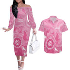 Australia Breast Cancer Awareness Couples Matching Off The Shoulder Long Sleeve Dress and Hawaiian Shirt Pink Ribbon Manta Ray Aboriginal Art - Aussie Hoodie