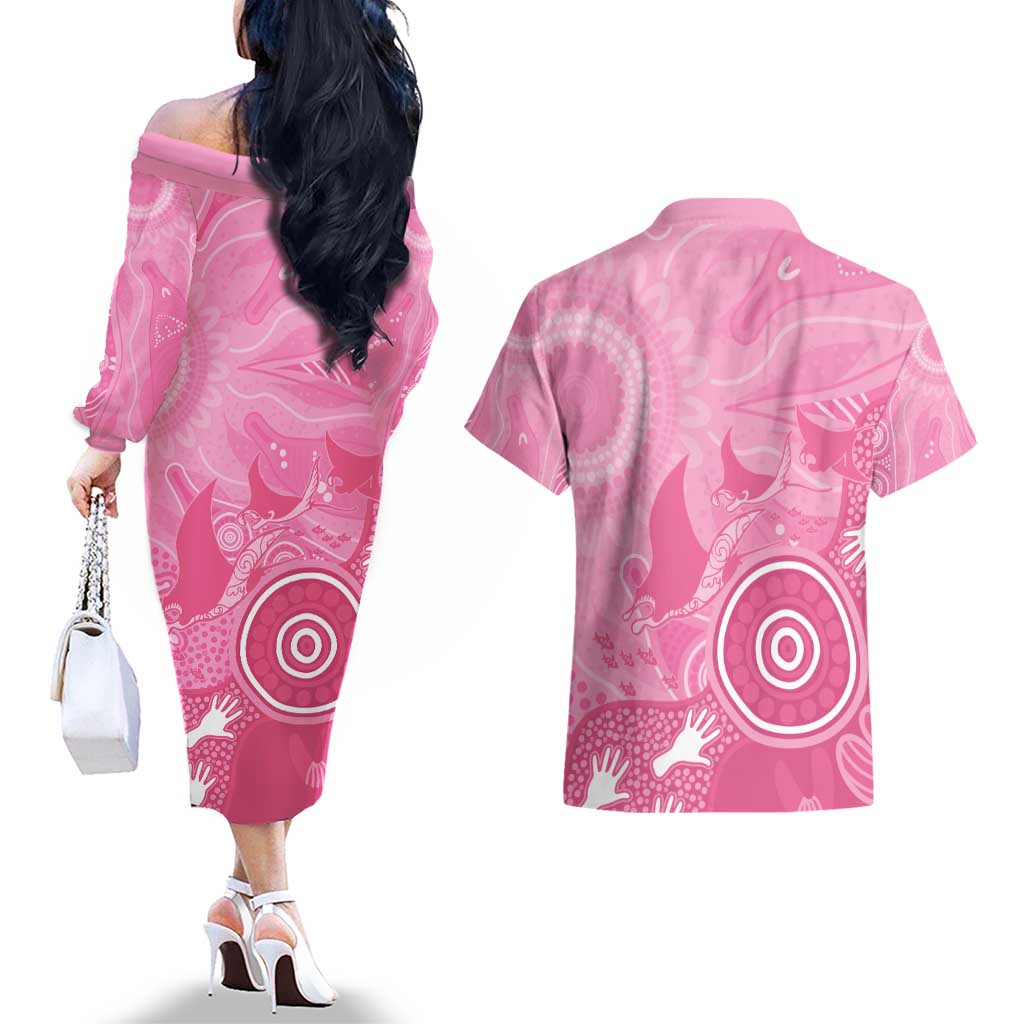 Australia Breast Cancer Awareness Couples Matching Off The Shoulder Long Sleeve Dress and Hawaiian Shirt Pink Ribbon Manta Ray Aboriginal Art - Aussie Hoodie