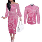 Australia Breast Cancer Awareness Couples Matching Off The Shoulder Long Sleeve Dress and Long Sleeve Button Shirt Pink Ribbon Manta Ray Aboriginal Art - Aussie Hoodie