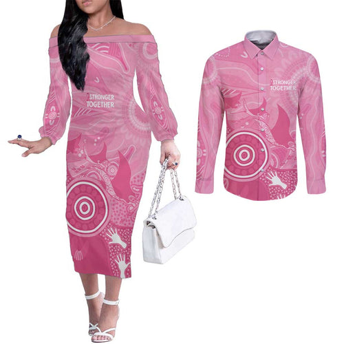Australia Breast Cancer Awareness Couples Matching Off The Shoulder Long Sleeve Dress and Long Sleeve Button Shirt Pink Ribbon Manta Ray Aboriginal Art - Aussie Hoodie