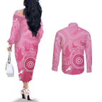 Australia Breast Cancer Awareness Couples Matching Off The Shoulder Long Sleeve Dress and Long Sleeve Button Shirt Pink Ribbon Manta Ray Aboriginal Art - Aussie Hoodie