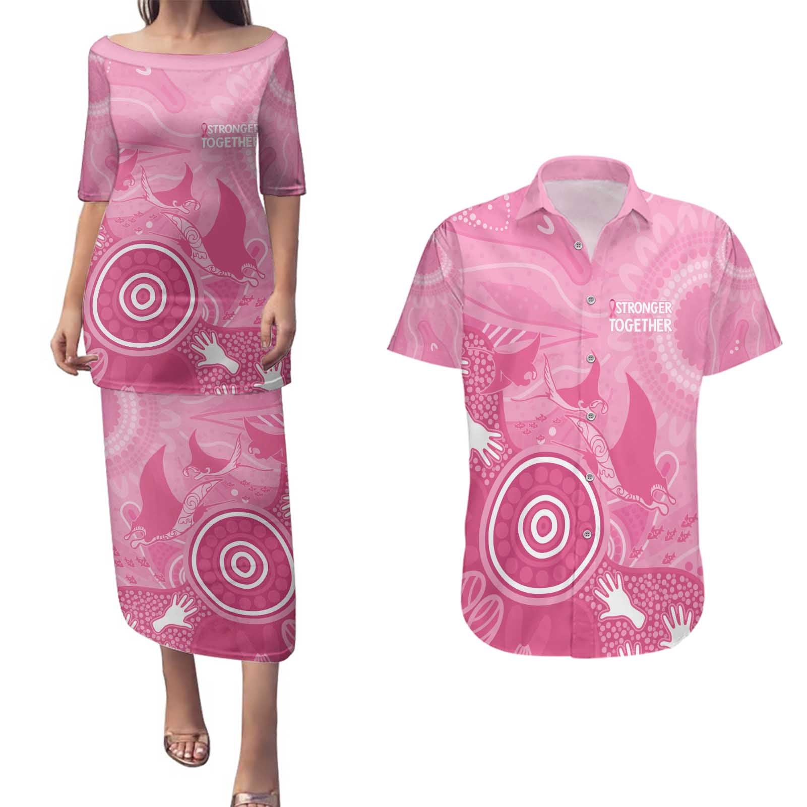 Australia Breast Cancer Awareness Couples Matching Puletasi and Hawaiian Shirt Pink Ribbon Manta Ray Aboriginal Art - Aussie Hoodie