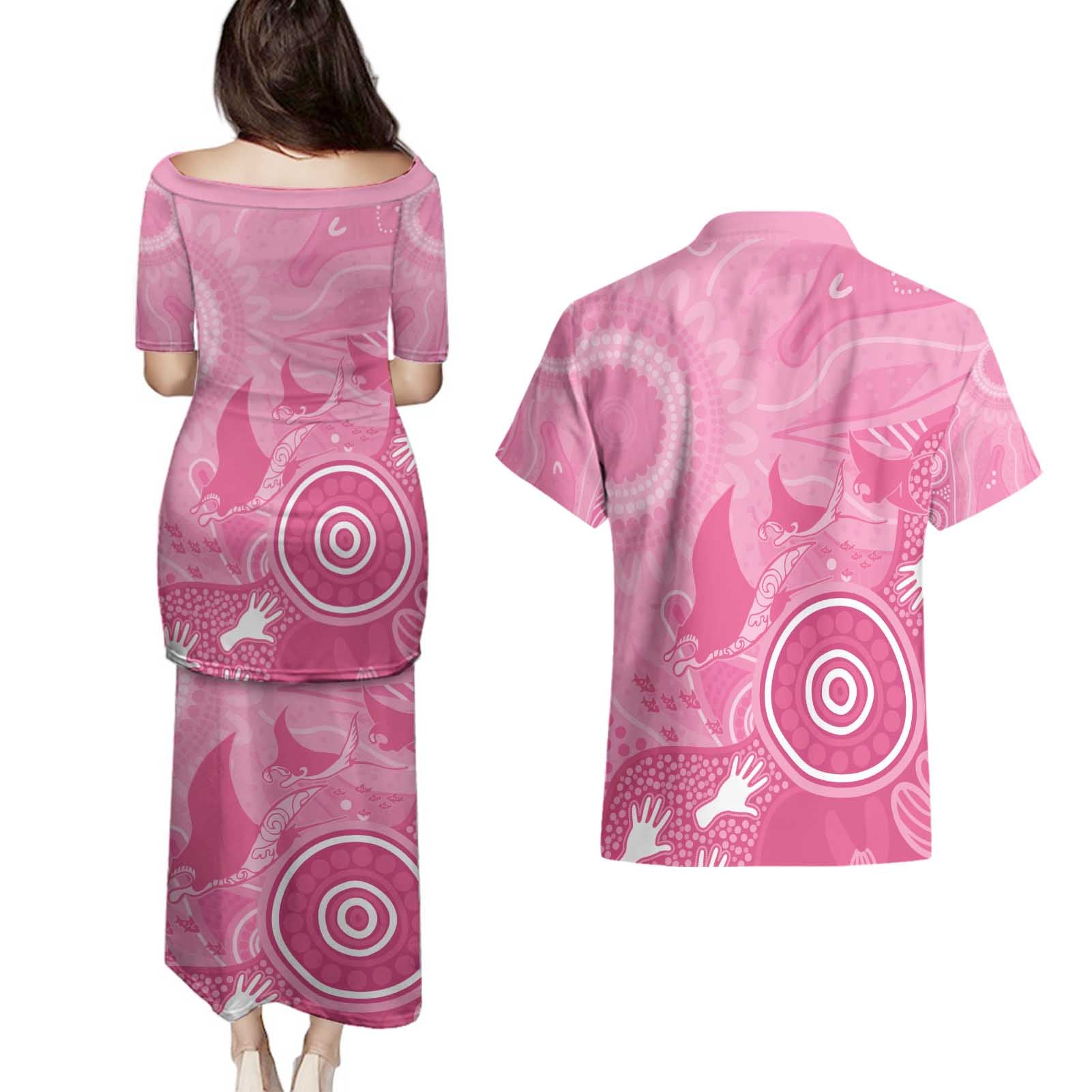 Australia Breast Cancer Awareness Couples Matching Puletasi and Hawaiian Shirt Pink Ribbon Manta Ray Aboriginal Art - Aussie Hoodie