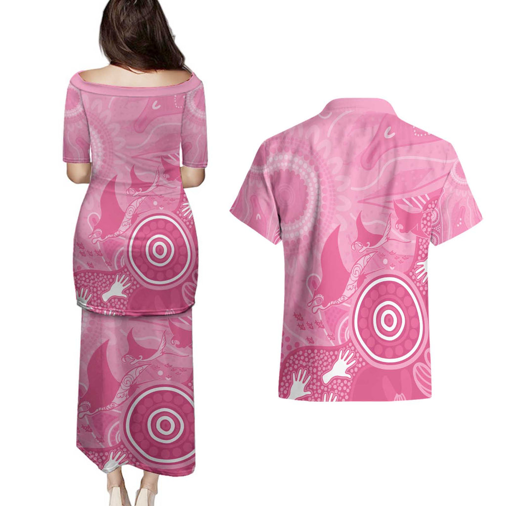 Australia Breast Cancer Awareness Couples Matching Puletasi and Hawaiian Shirt Pink Ribbon Manta Ray Aboriginal Art - Aussie Hoodie