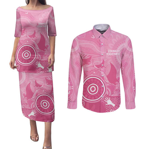 Australia Breast Cancer Awareness Couples Matching Puletasi and Long Sleeve Button Shirt Pink Ribbon Manta Ray Aboriginal Art - Aussie Hoodie