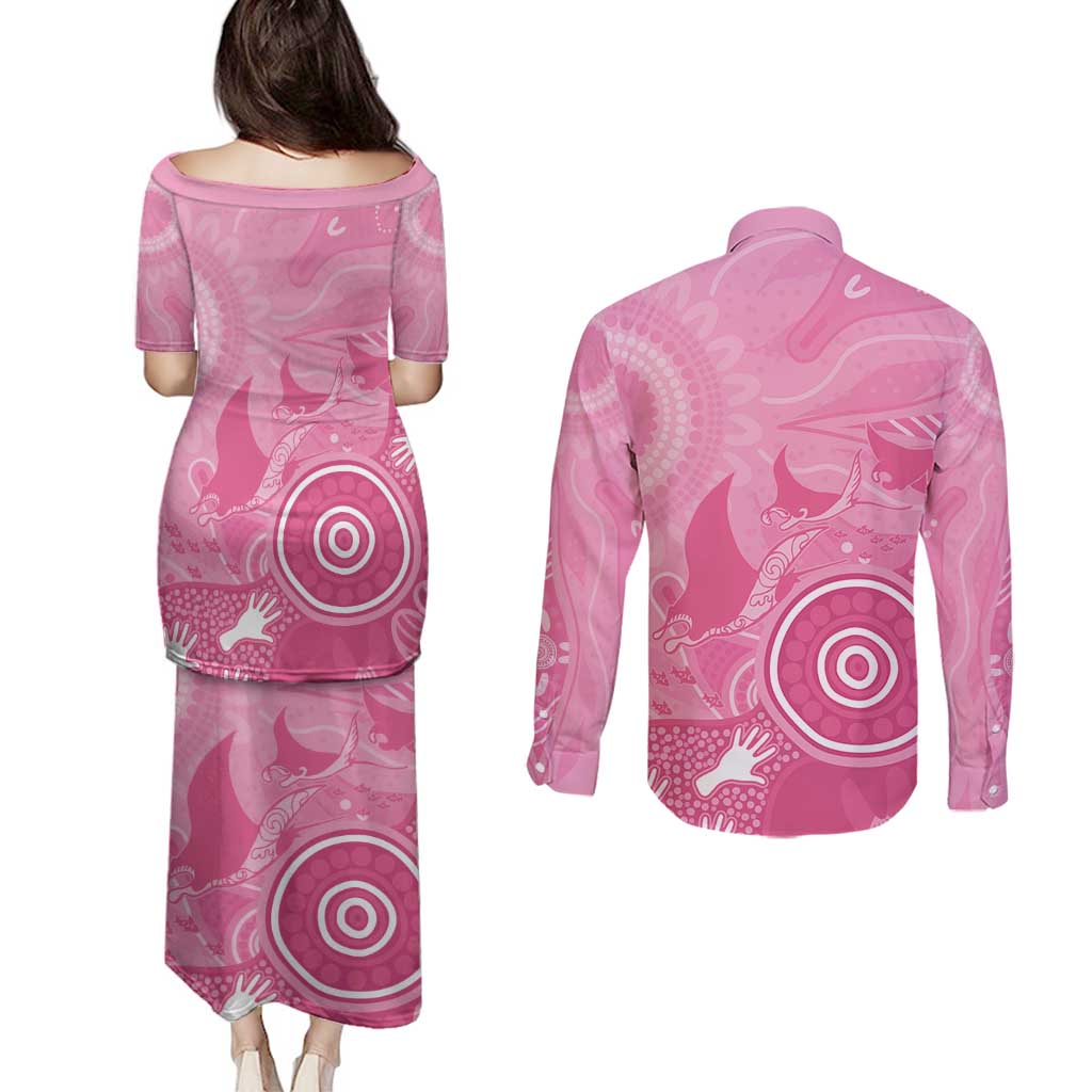 Australia Breast Cancer Awareness Couples Matching Puletasi and Long Sleeve Button Shirt Pink Ribbon Manta Ray Aboriginal Art - Aussie Hoodie