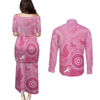 Australia Breast Cancer Awareness Couples Matching Puletasi and Long Sleeve Button Shirt Pink Ribbon Manta Ray Aboriginal Art - Aussie Hoodie