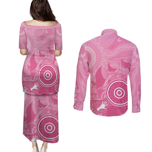 Australia Breast Cancer Awareness Couples Matching Puletasi and Long Sleeve Button Shirt Pink Ribbon Manta Ray Aboriginal Art - Aussie Hoodie