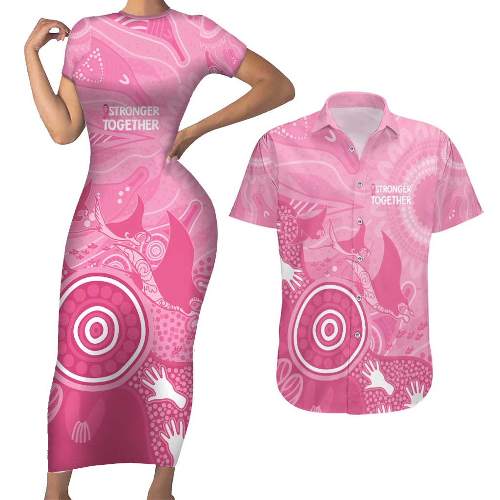 Australia Breast Cancer Awareness Couples Matching Short Sleeve Bodycon Dress and Hawaiian Shirt Pink Ribbon Manta Ray Aboriginal Art - Aussie Hoodie