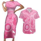 Australia Breast Cancer Awareness Couples Matching Short Sleeve Bodycon Dress and Hawaiian Shirt Pink Ribbon Manta Ray Aboriginal Art - Aussie Hoodie