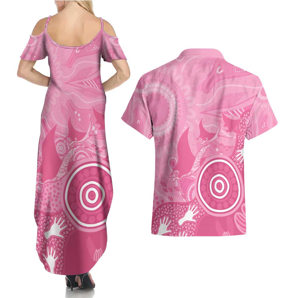 Australia Breast Cancer Awareness Couples Matching Summer Maxi Dress and Hawaiian Shirt Pink Ribbon Manta Ray Aboriginal Art - Aussie Hoodie