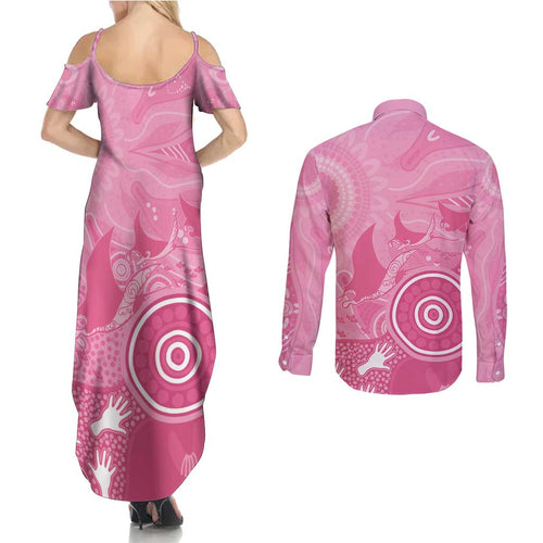 Australia Breast Cancer Awareness Couples Matching Summer Maxi Dress and Long Sleeve Button Shirt Pink Ribbon Manta Ray Aboriginal Art - Aussie Hoodie