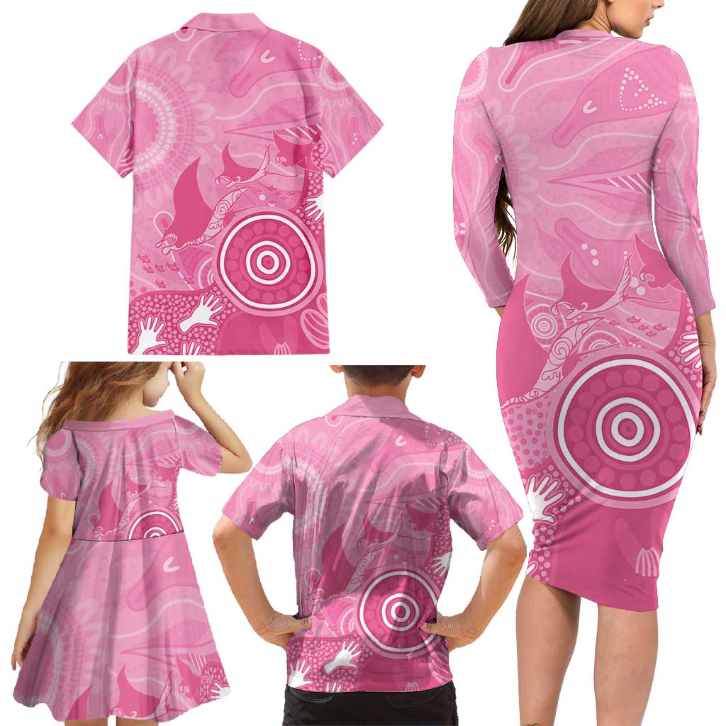 Australia Breast Cancer Awareness Family Matching Long Sleeve Bodycon Dress and Hawaiian Shirt Pink Ribbon Manta Ray Aboriginal Art - Aussie Hoodie