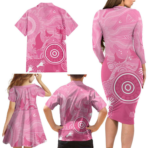 Australia Breast Cancer Awareness Family Matching Long Sleeve Bodycon Dress and Hawaiian Shirt Pink Ribbon Manta Ray Aboriginal Art - Aussie Hoodie