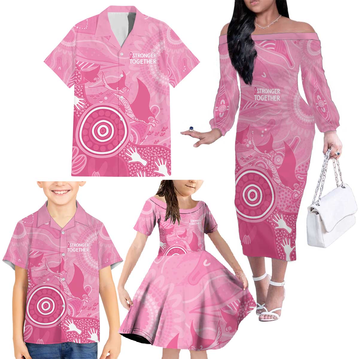 Australia Breast Cancer Awareness Family Matching Off The Shoulder Long Sleeve Dress and Hawaiian Shirt Pink Ribbon Manta Ray Aboriginal Art - Aussie Hoodie