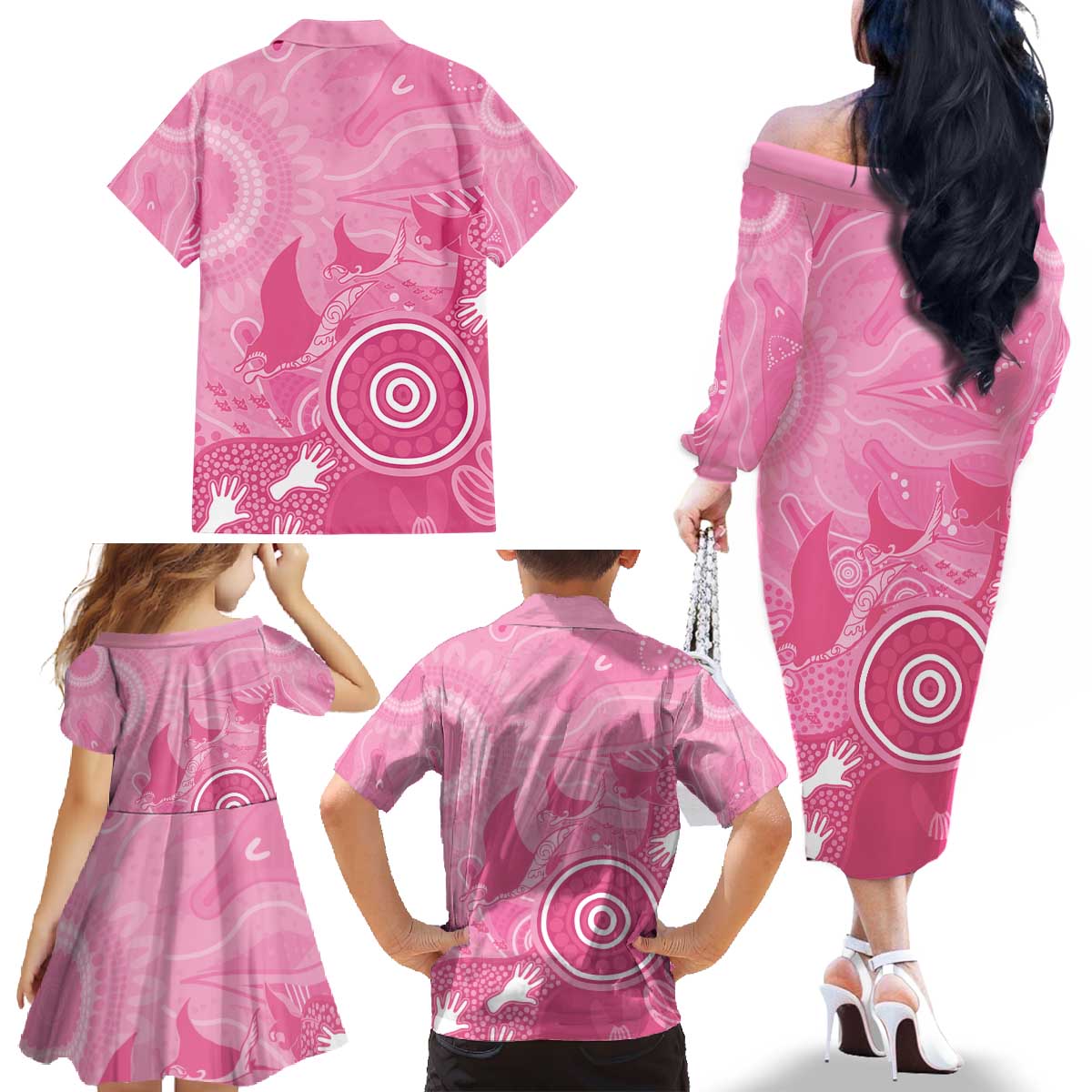 Australia Breast Cancer Awareness Family Matching Off The Shoulder Long Sleeve Dress and Hawaiian Shirt Pink Ribbon Manta Ray Aboriginal Art - Aussie Hoodie