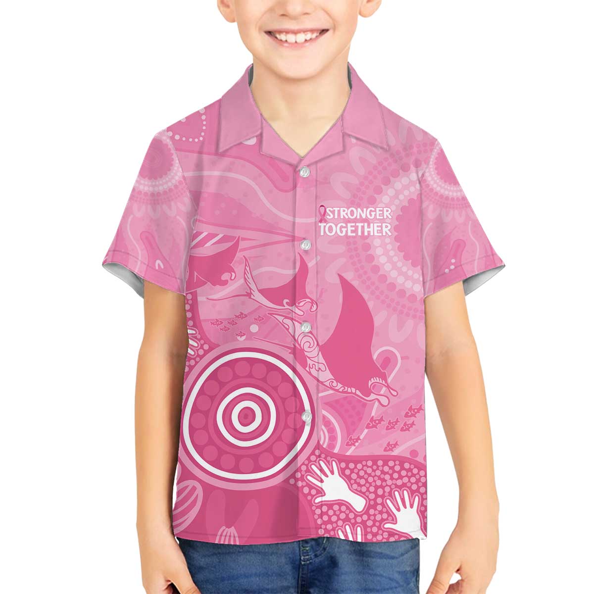 Australia Breast Cancer Awareness Family Matching Off The Shoulder Long Sleeve Dress and Hawaiian Shirt Pink Ribbon Manta Ray Aboriginal Art - Aussie Hoodie