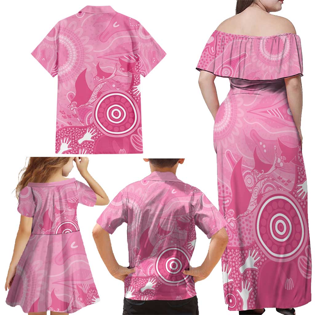 Australia Breast Cancer Awareness Family Matching Off Shoulder Maxi Dress and Hawaiian Shirt Pink Ribbon Manta Ray Aboriginal Art - Aussie Hoodie