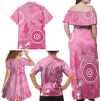 Australia Breast Cancer Awareness Family Matching Off Shoulder Maxi Dress and Hawaiian Shirt Pink Ribbon Manta Ray Aboriginal Art - Aussie Hoodie