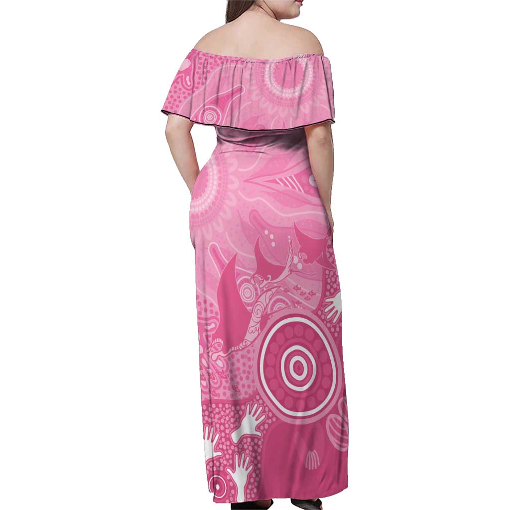 Australia Breast Cancer Awareness Family Matching Off Shoulder Maxi Dress and Hawaiian Shirt Pink Ribbon Manta Ray Aboriginal Art - Aussie Hoodie