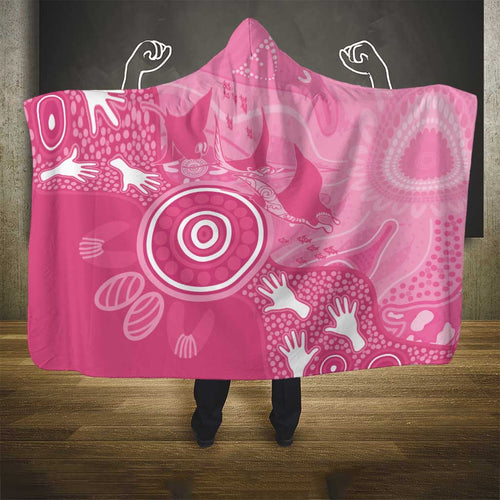 Australia Breast Cancer Awareness Hooded Blanket Pink Ribbon Manta Ray Aboriginal Art - Aussie Hoodie