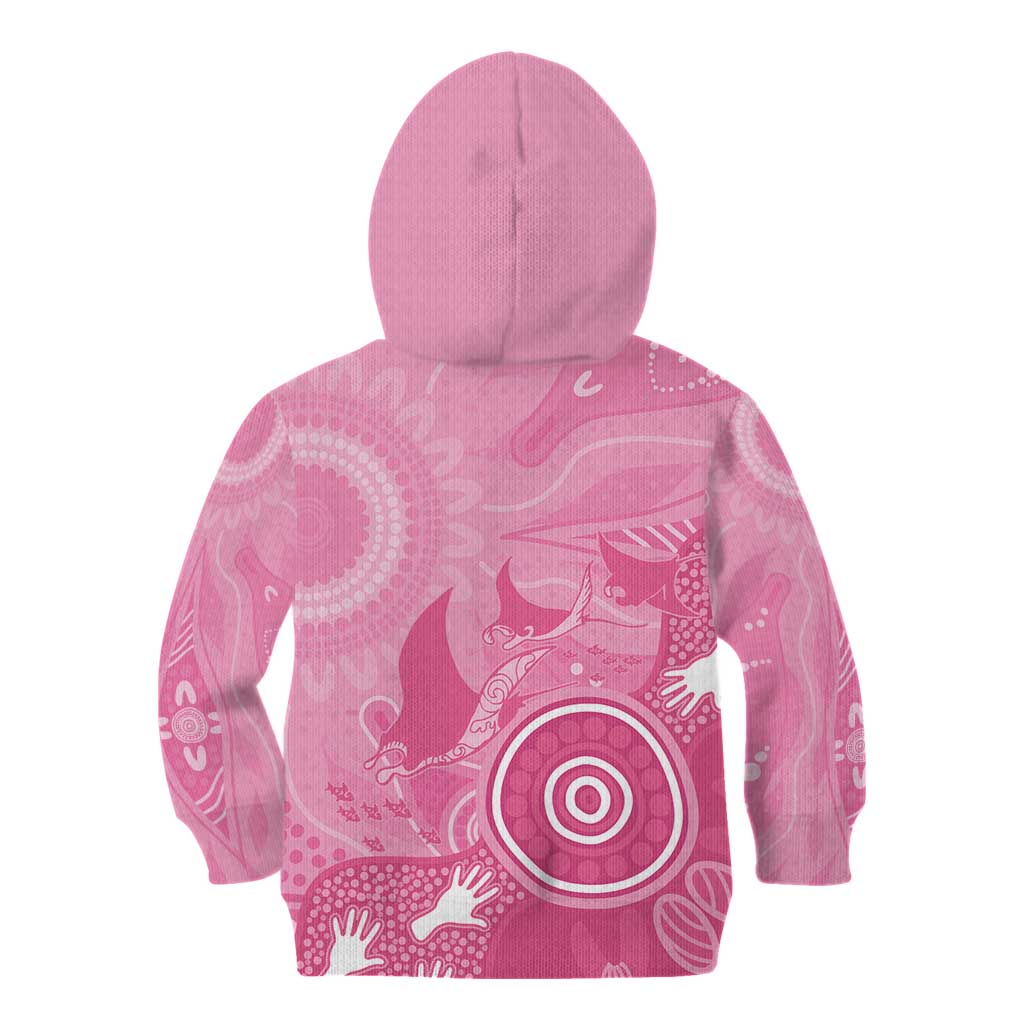 Australia Breast Cancer Awareness Kid Hoodie Pink Ribbon Manta Ray Aboriginal Art - Aussie Hoodie