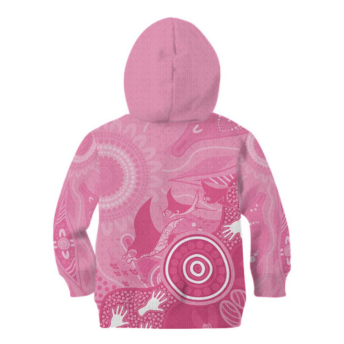 Australia Breast Cancer Awareness Kid Hoodie Pink Ribbon Manta Ray Aboriginal Art - Aussie Hoodie