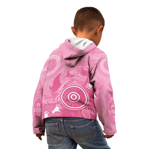 Australia Breast Cancer Awareness Kid Hoodie Pink Ribbon Manta Ray Aboriginal Art - Aussie Hoodie