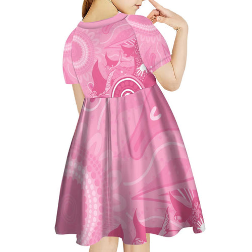Australia Breast Cancer Awareness Kid Short Sleeve Dress Pink Ribbon Manta Ray Aboriginal Art - Aussie Hoodie