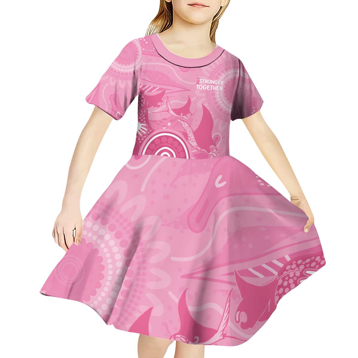 Australia Breast Cancer Awareness Kid Short Sleeve Dress Pink Ribbon Manta Ray Aboriginal Art - Aussie Hoodie