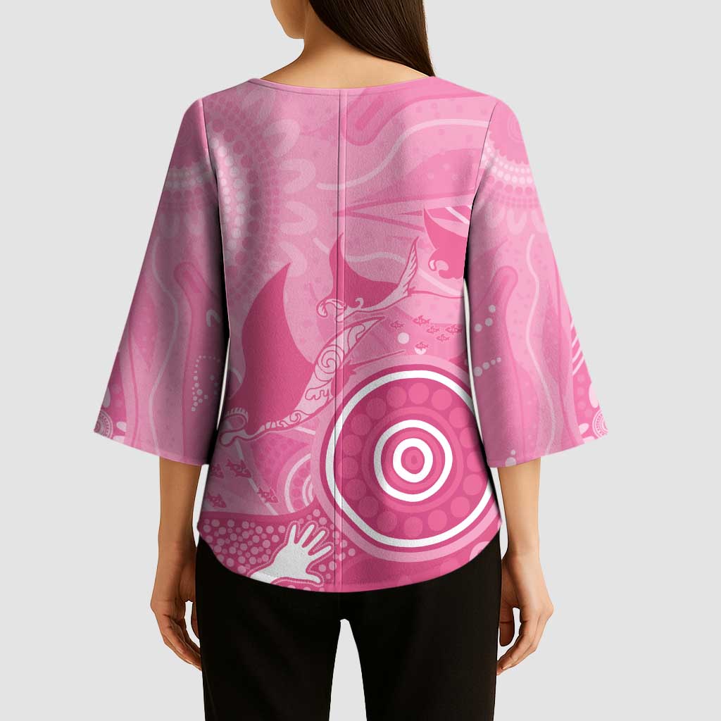 Australia Breast Cancer Awareness Kimono Sleeve Blouse Pink Ribbon Manta Ray Aboriginal Art - Aussie Hoodie