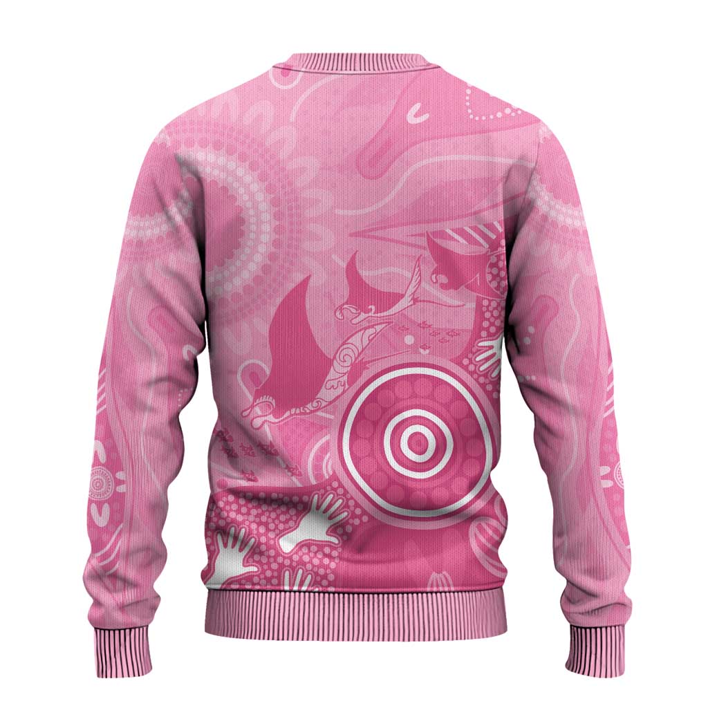Australia Breast Cancer Awareness Ugly Christmas Sweater Pink Ribbon Manta Ray Aboriginal Art - Aussie Hoodie