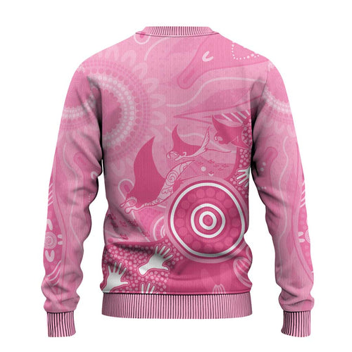 Australia Breast Cancer Awareness Ugly Christmas Sweater Pink Ribbon Manta Ray Aboriginal Art - Aussie Hoodie