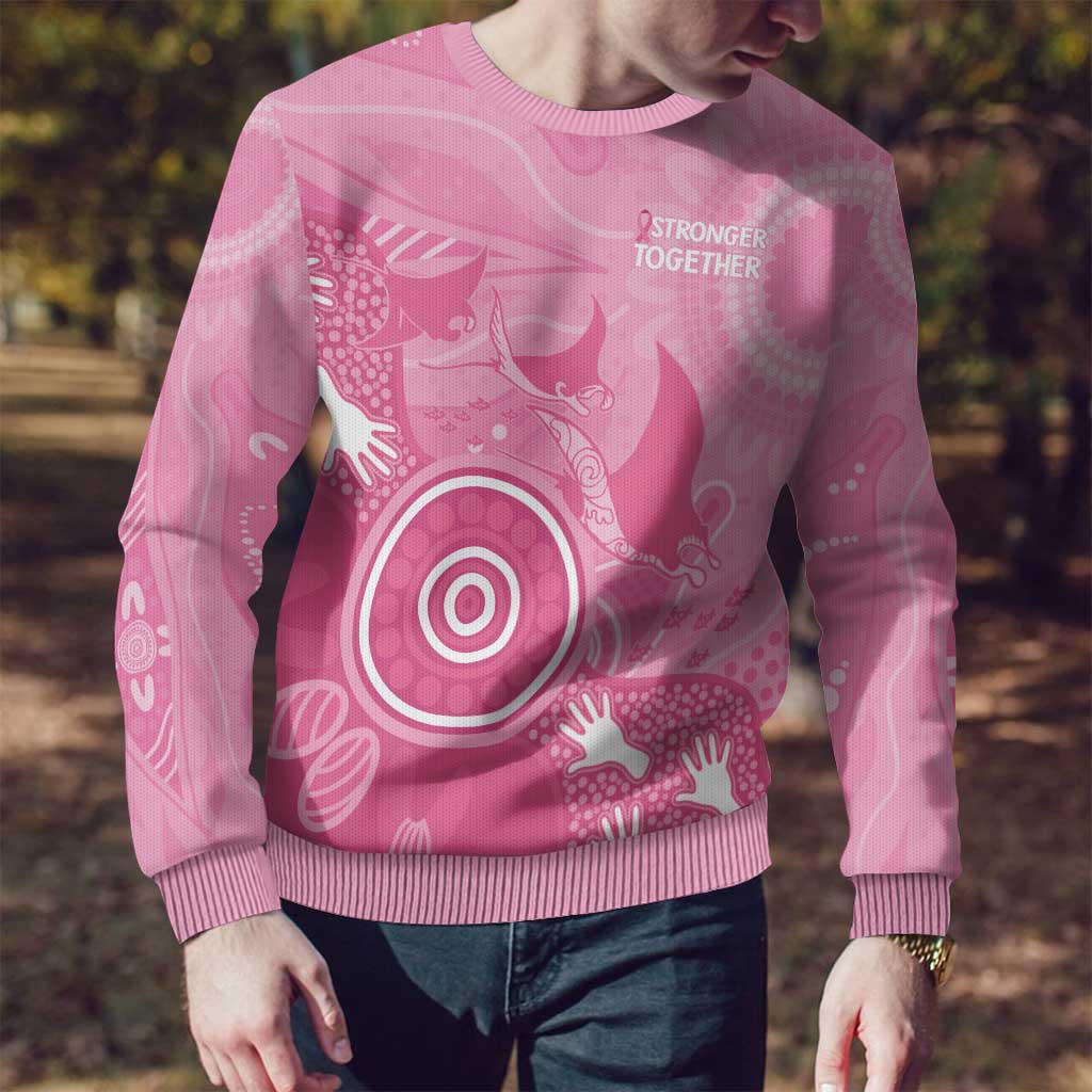 Australia Breast Cancer Awareness Ugly Christmas Sweater Pink Ribbon Manta Ray Aboriginal Art - Aussie Hoodie
