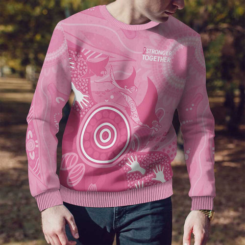Australia Breast Cancer Awareness Ugly Christmas Sweater Pink Ribbon Manta Ray Aboriginal Art - Aussie Hoodie